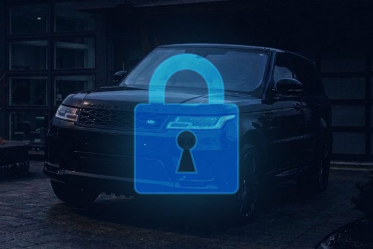 Our Services - Security A glowing illustration of a padlock hovers over a photograph of stationary vehicle parked on a customer's driveway at night.